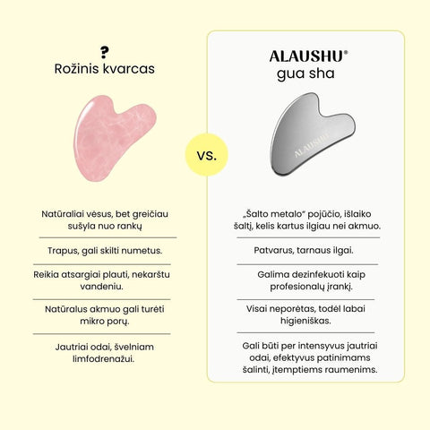 Nerudijancio plieno Gua Sha veido masazui nuo patinimu, palyginimas su rozinio kvarco Gua Sha